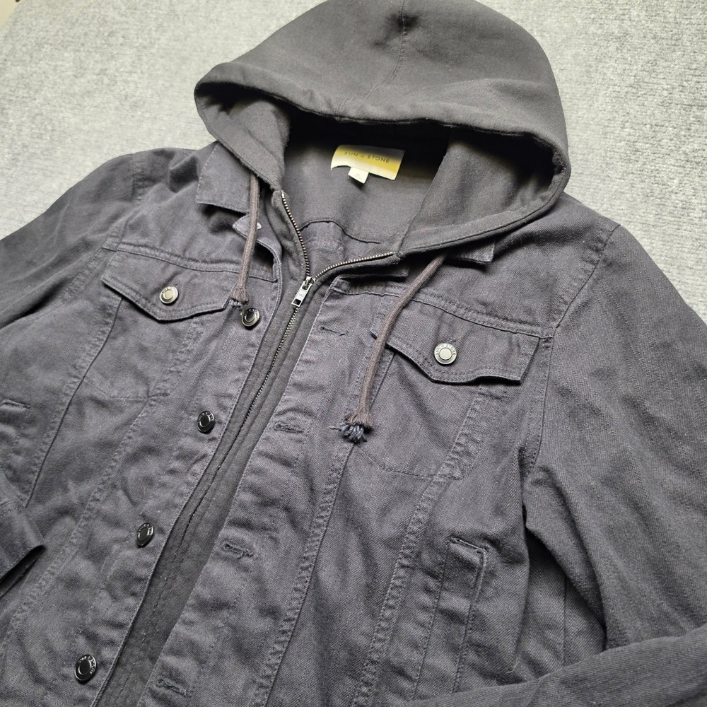 Sun + Stone Mens XL Black Hooded Trucker Jacket Layered Look Full Zip Jacket - Picture 1 of 10